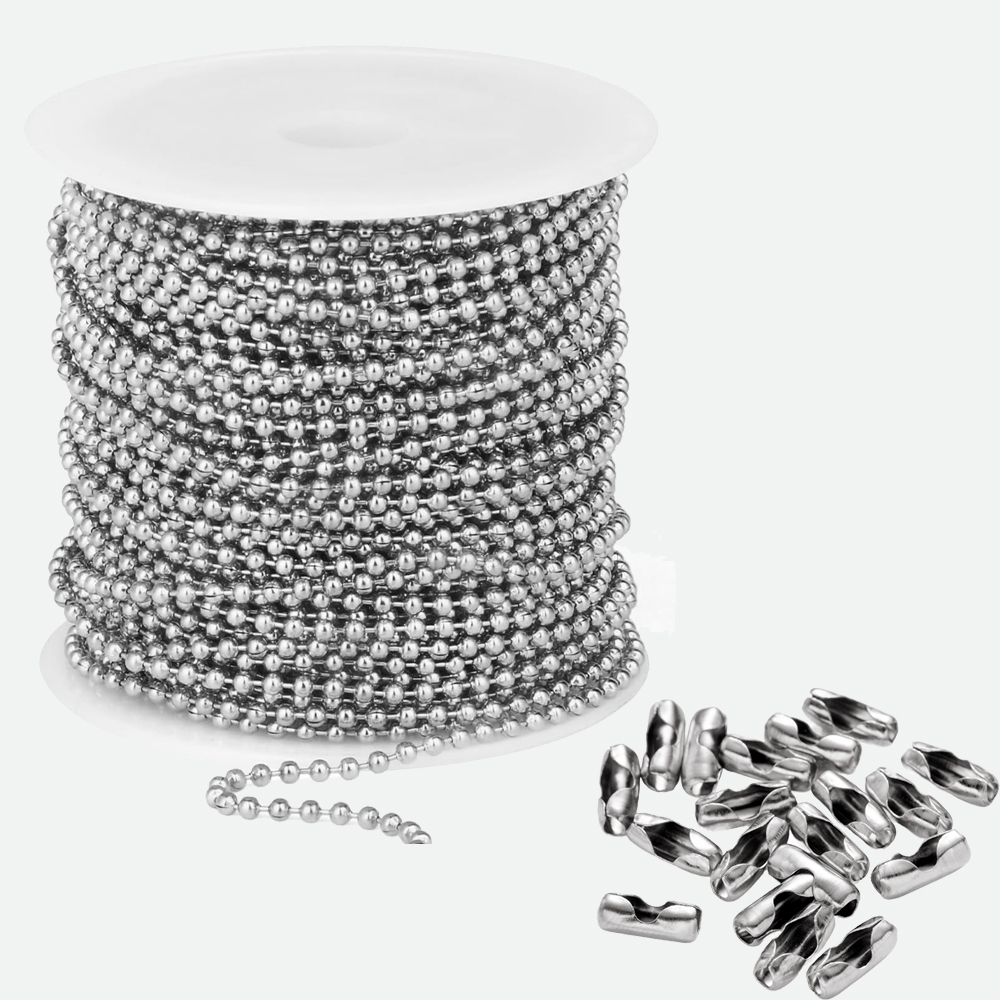 Roller Chain - 10m ステンレス鋼ビーズボールチェーンロール、50個のコネクタークラスプ付き、DIYドッグタグネックレスキーホルダー、ジュエリー作成用品用