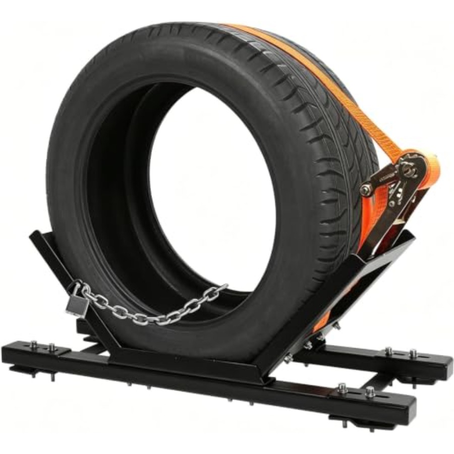 Steel Chain - 大型トラック用スペアタイヤラック、トレーラー・トラック用、スチール製、黒色、調整可能、25.127.1インチ、ラチェットストラップ、チェーンロック付き