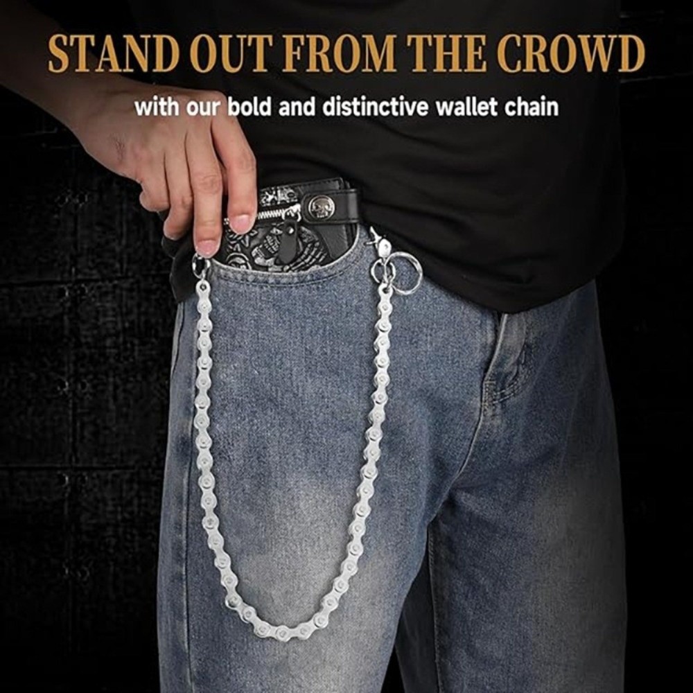 Bicycle Chain - ヒップホップスタイルのシルバー製ウエストチェーン。ミニマルなデザインのパンツチェーンで、パンクでユニークな自転車チェーン風のキーホルダー。男女兼用。